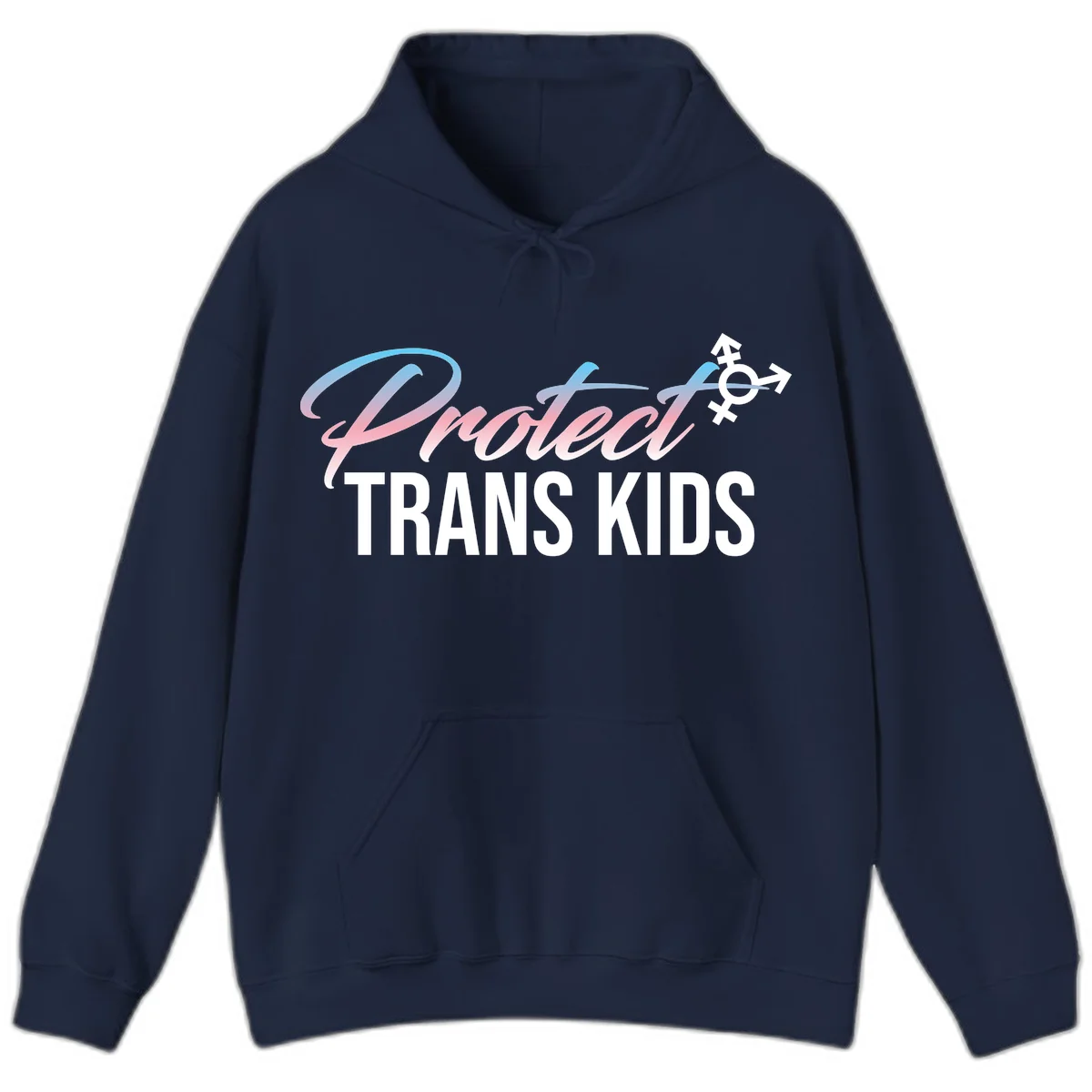 Protect trans kids design with blue-to-pink gradient text, transgender symbol, and bold typography supporting trans youth in Navy