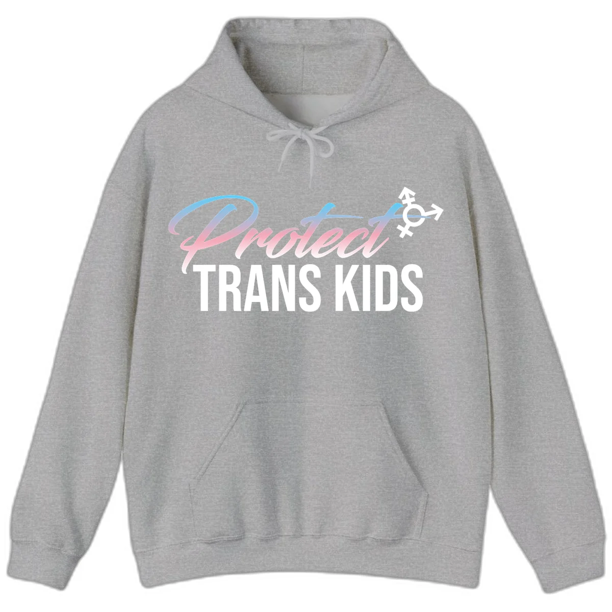 Protect trans kids design with blue-to-pink gradient text, transgender symbol, and bold typography supporting trans youth in Sport Grey
