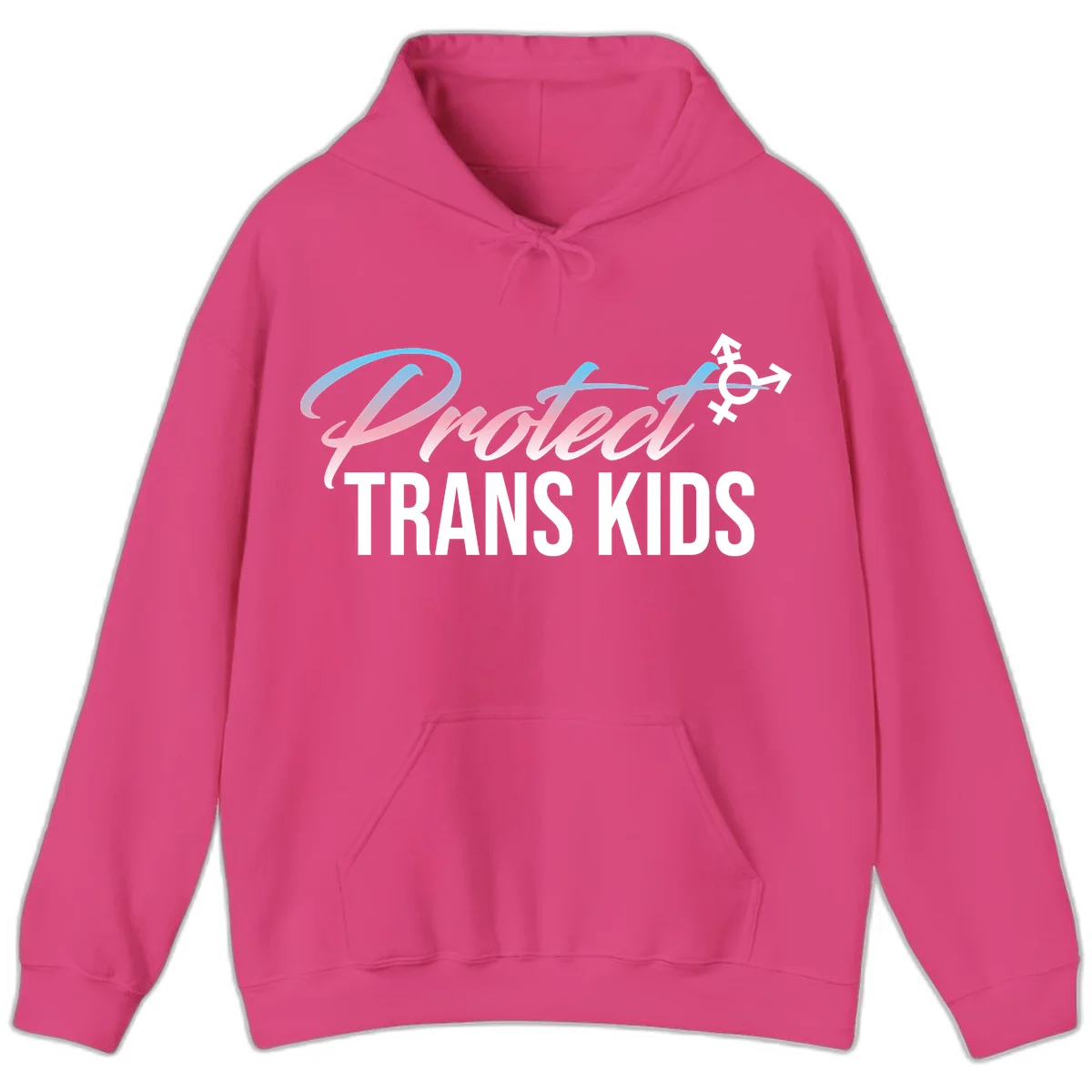 Protect trans kids design with blue-to-pink gradient text, transgender symbol, and bold typography supporting trans youth in Heliconia