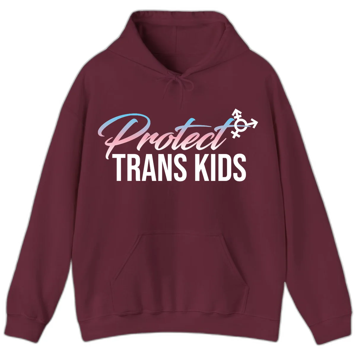 Protect trans kids design with blue-to-pink gradient text, transgender symbol, and bold typography supporting trans youth in Maroon