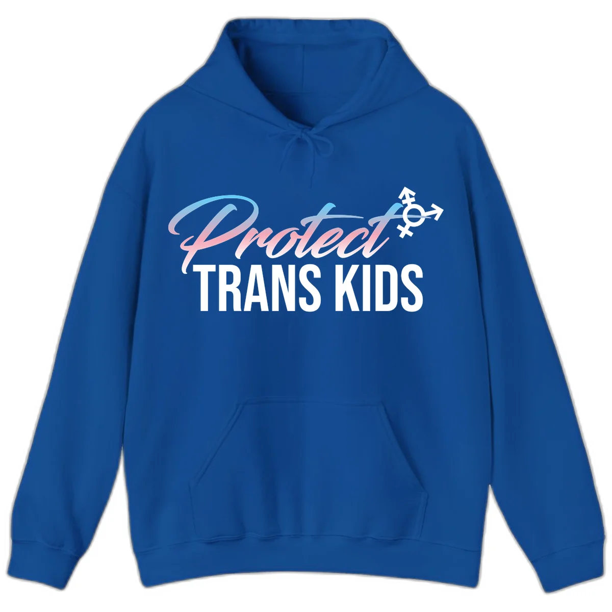 Protect trans kids design with blue-to-pink gradient text, transgender symbol, and bold typography supporting trans youth in Royal
