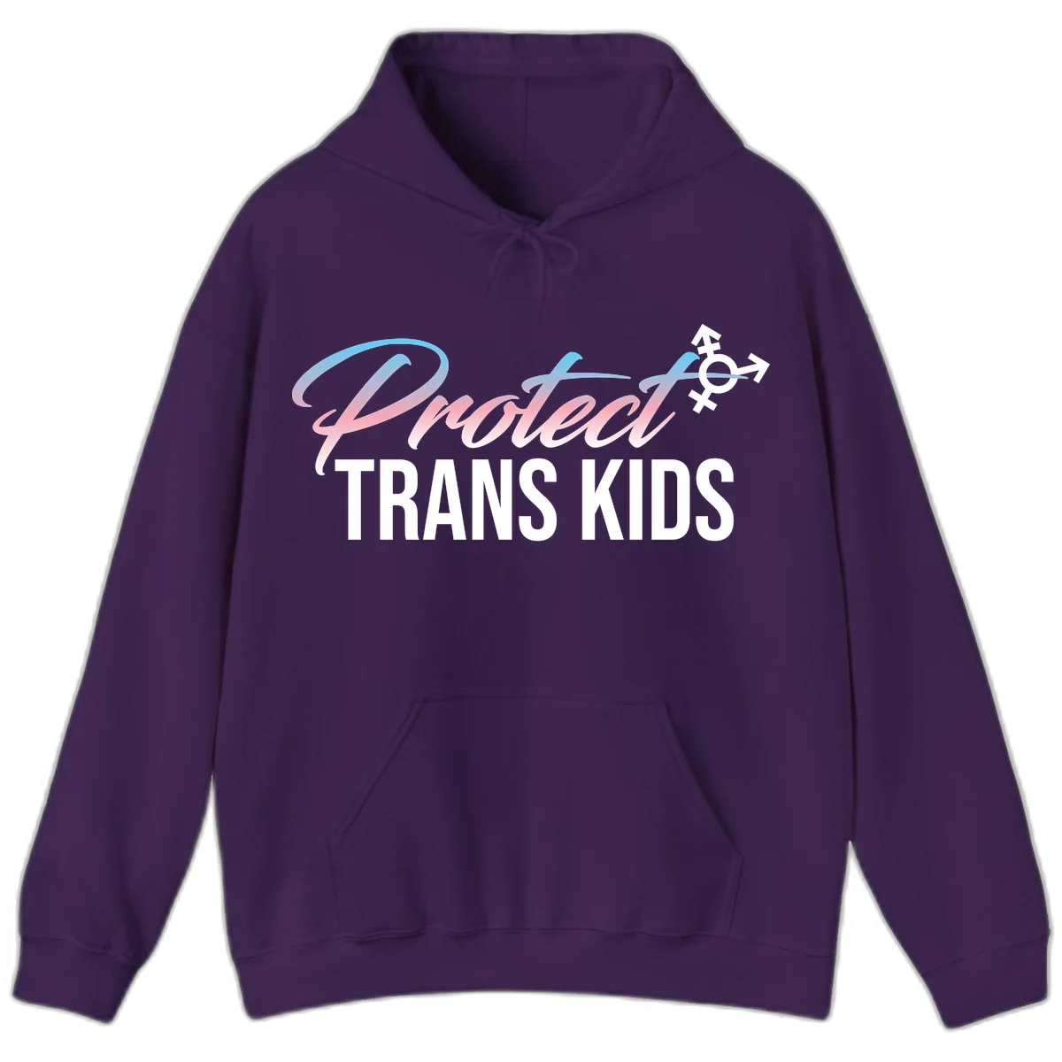Protect trans kids design with blue-to-pink gradient text, transgender symbol, and bold typography supporting trans youth in Purple