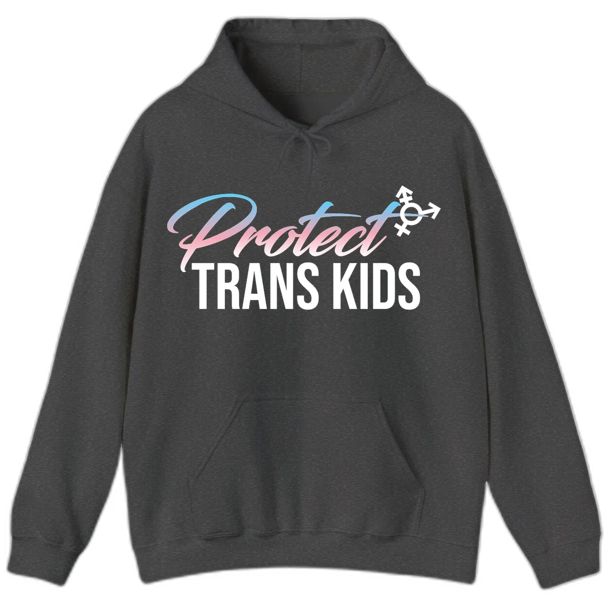 Protect trans kids design with blue-to-pink gradient text, transgender symbol, and bold typography supporting trans youth in Dark Heather