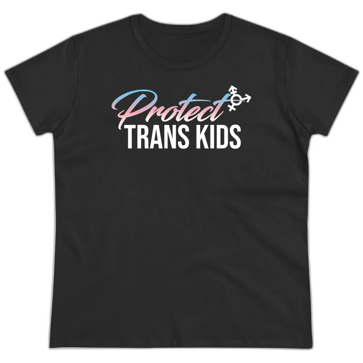 Protect trans kids design with blue-to-pink gradient text, transgender symbol, and bold typography supporting trans youth in Black