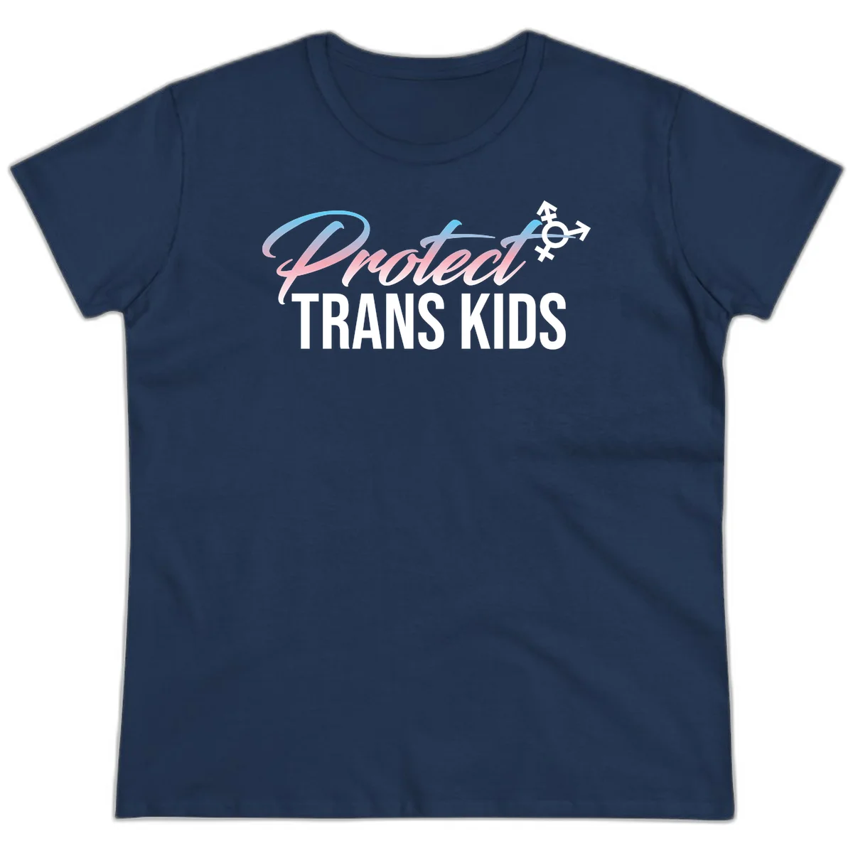 Protect trans kids design with blue-to-pink gradient text, transgender symbol, and bold typography supporting trans youth in Navy