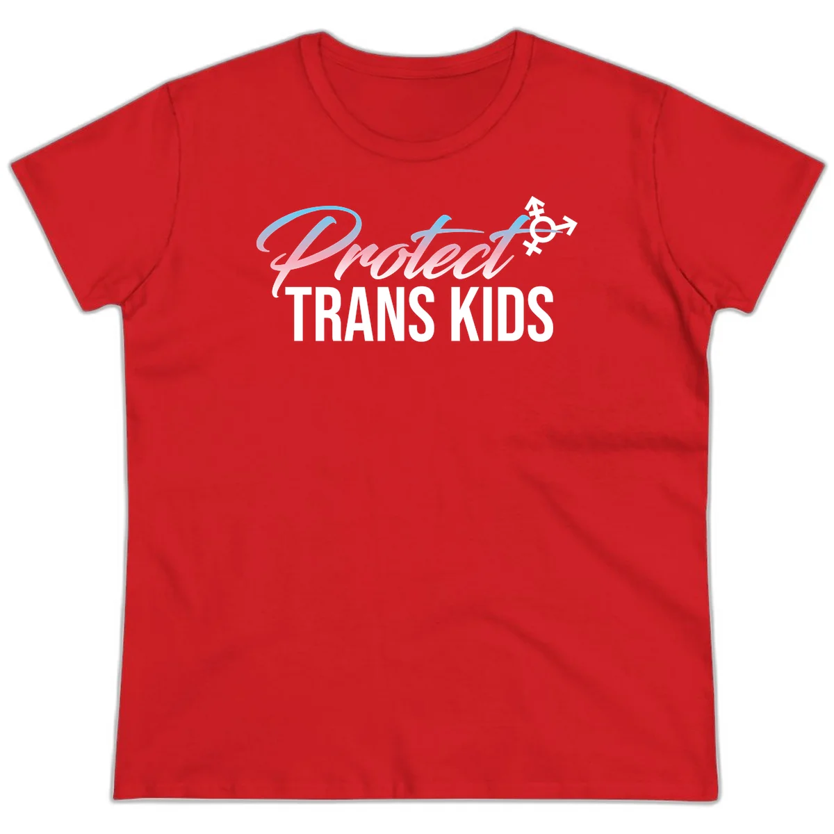 Protect trans kids design with blue-to-pink gradient text, transgender symbol, and bold typography supporting trans youth in Red