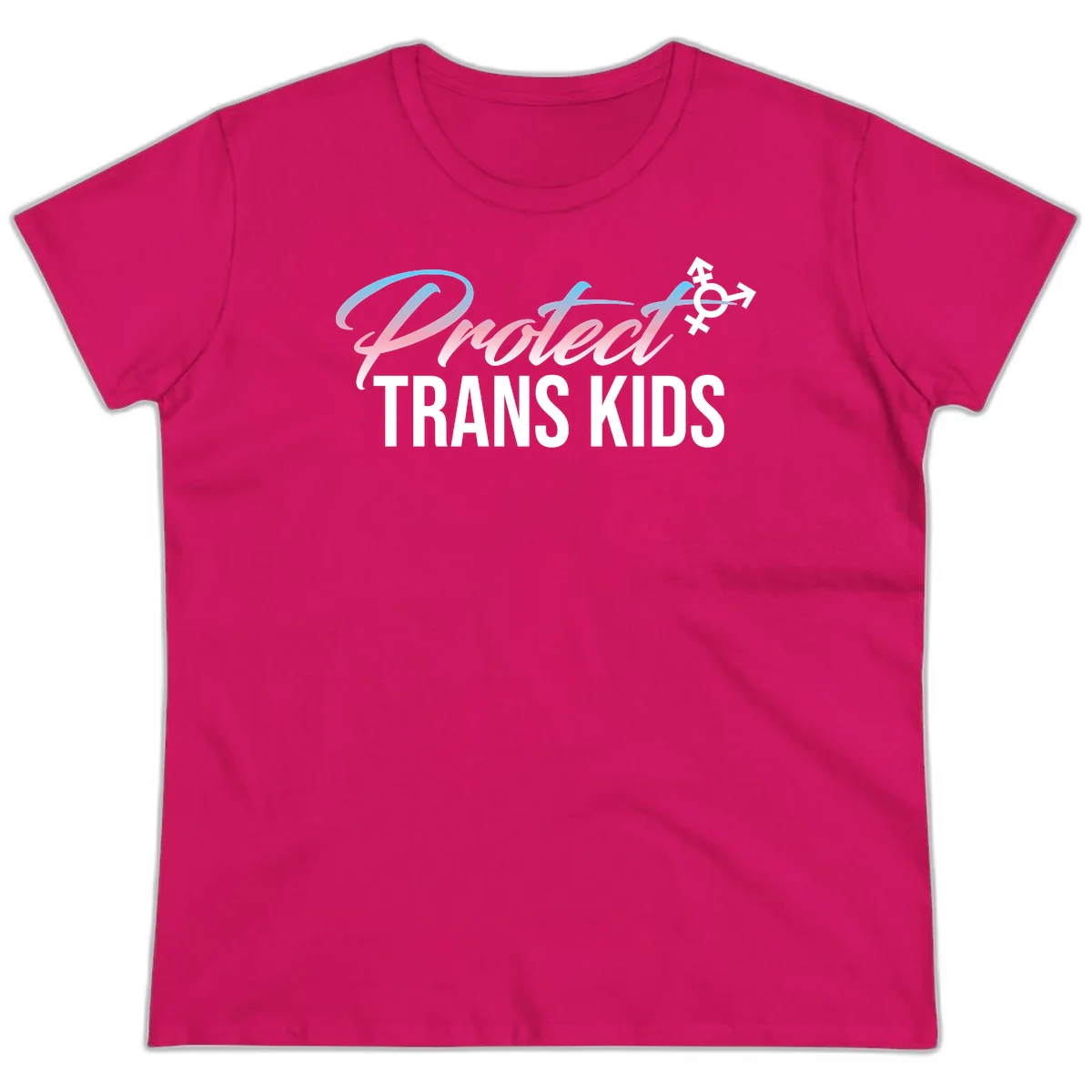 Protect trans kids design with blue-to-pink gradient text, transgender symbol, and bold typography supporting trans youth in Heliconia