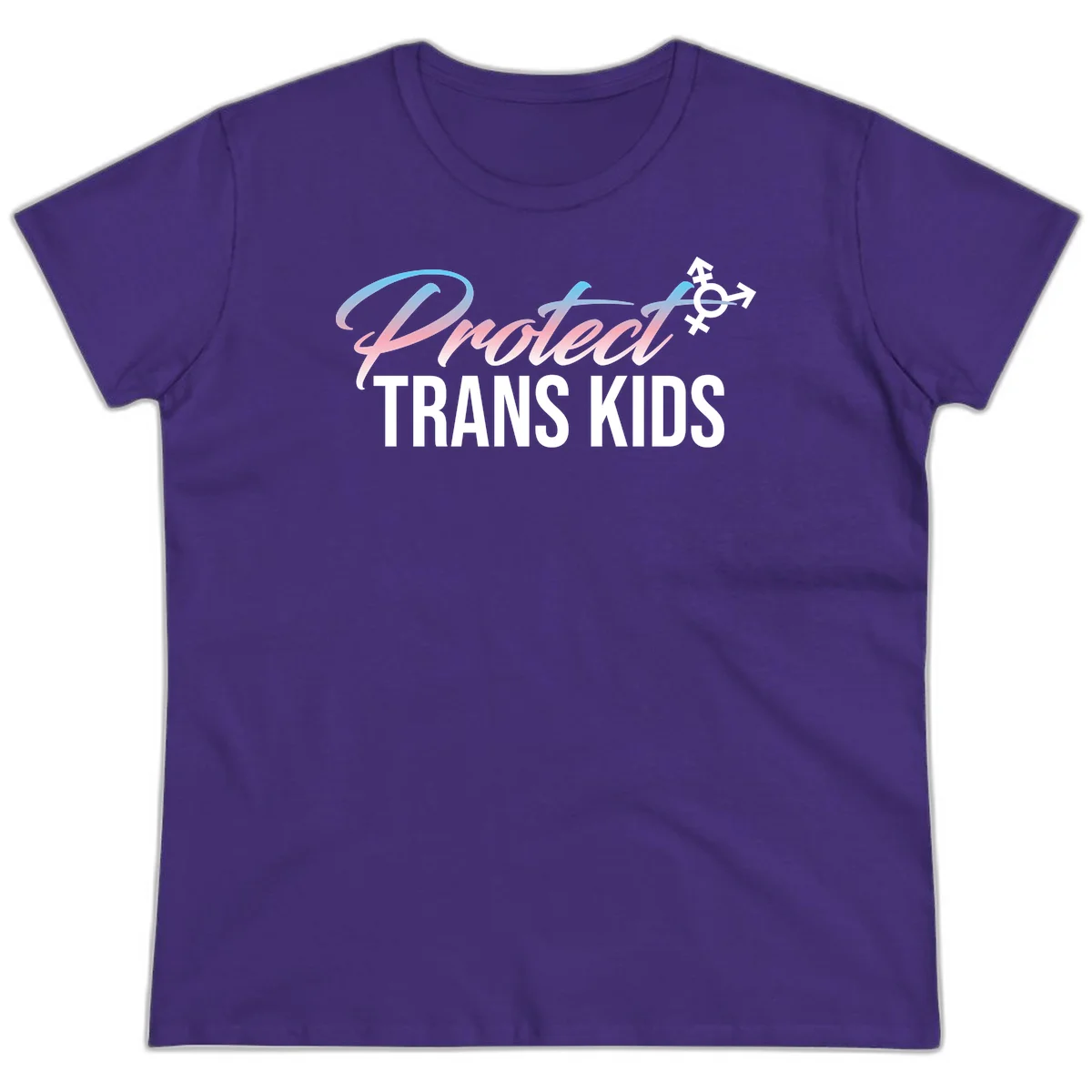 Protect trans kids design with blue-to-pink gradient text, transgender symbol, and bold typography supporting trans youth in Purple