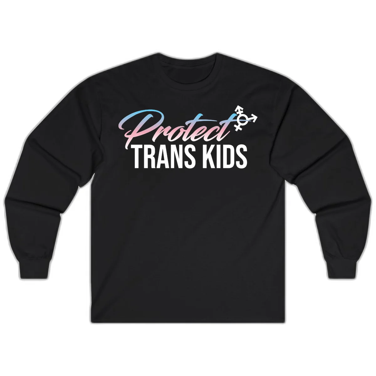Protect trans kids design with blue-to-pink gradient text, transgender symbol, and bold typography supporting trans youth in Black