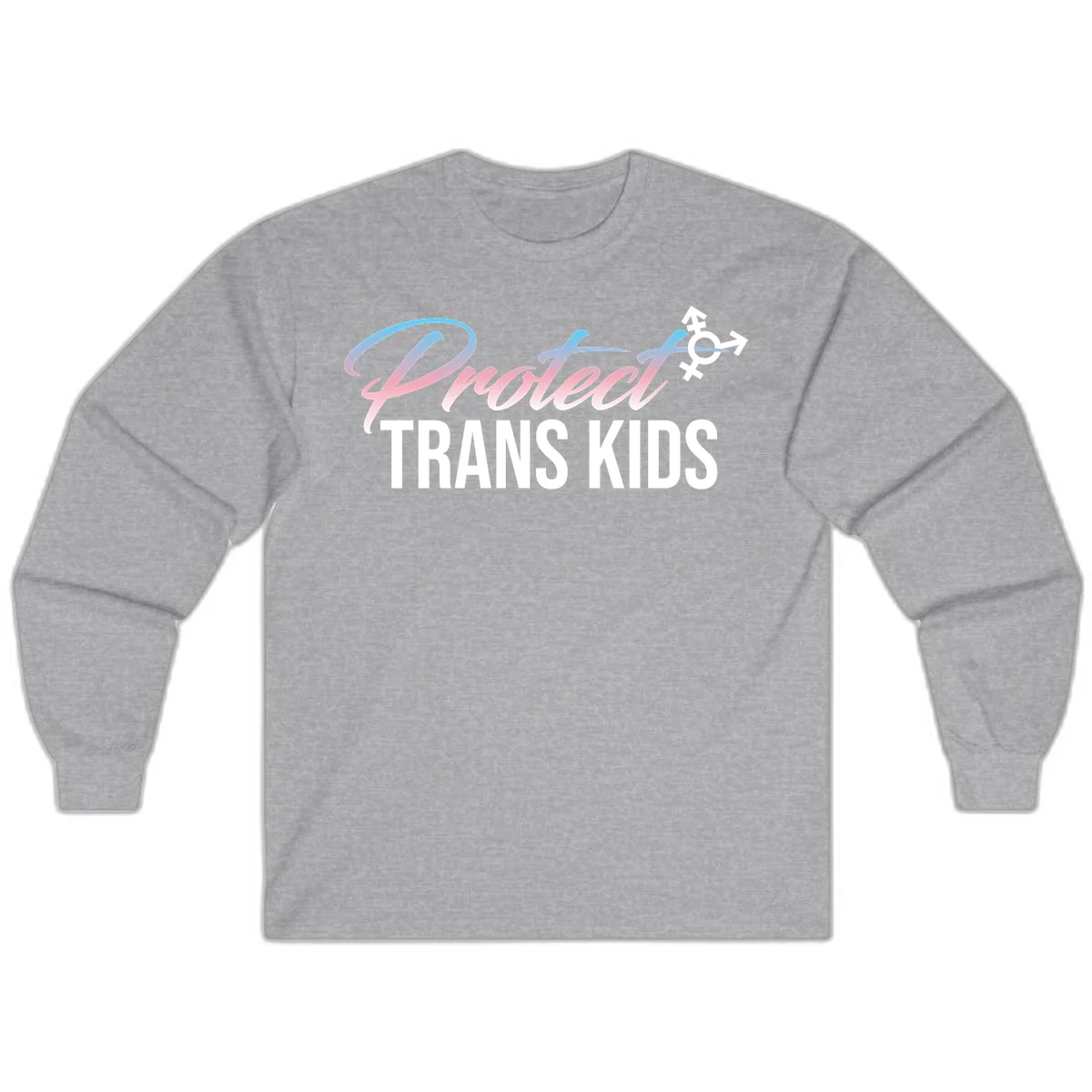 Protect trans kids design with blue-to-pink gradient text, transgender symbol, and bold typography supporting trans youth in Sport Grey