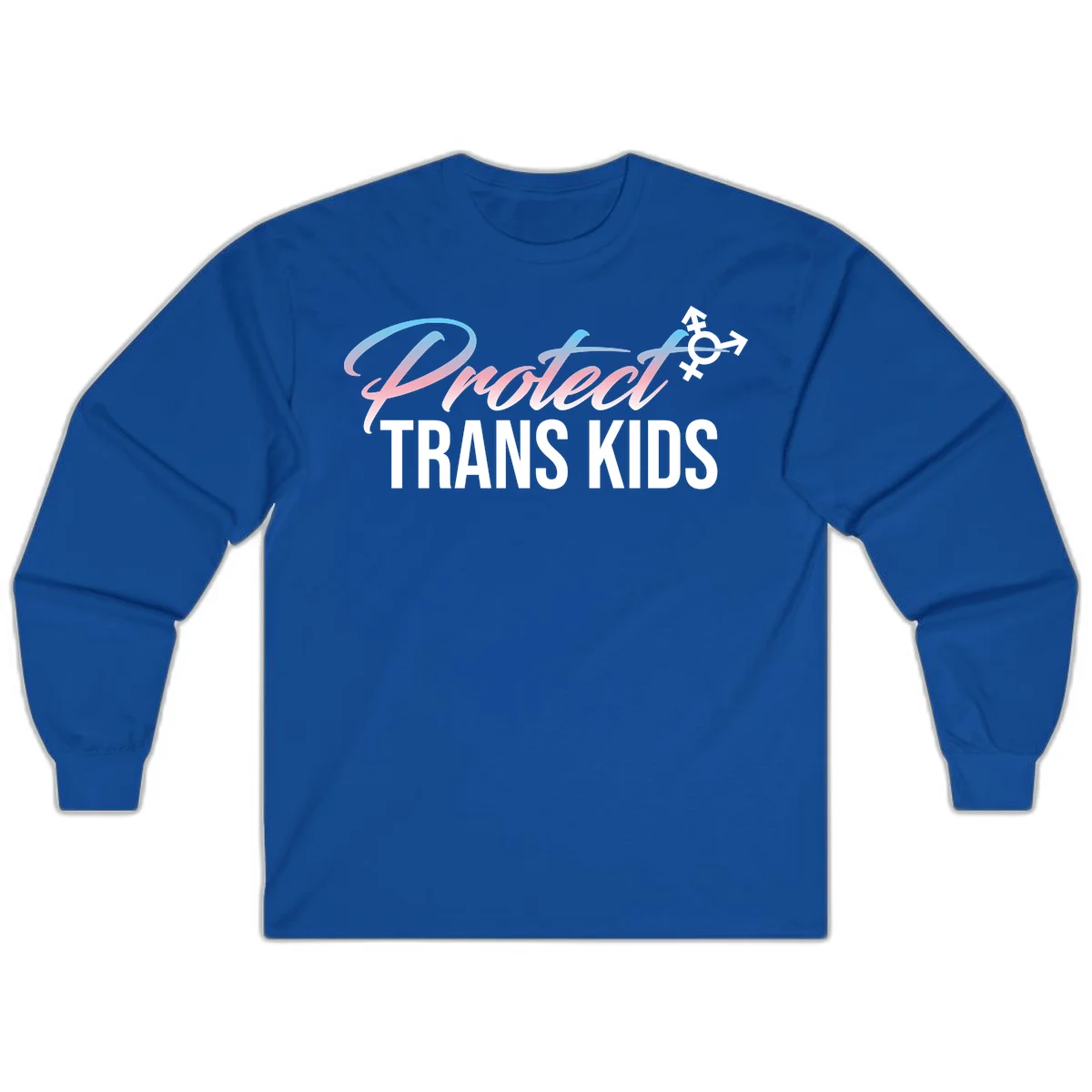 Protect trans kids design with blue-to-pink gradient text, transgender symbol, and bold typography supporting trans youth in Royal