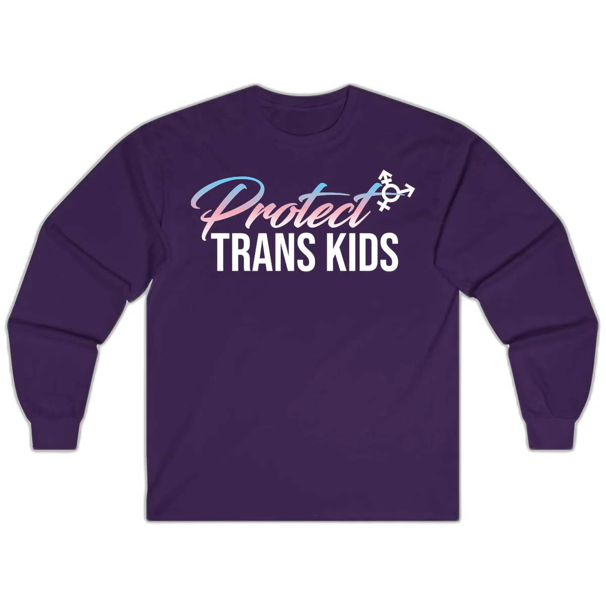 Protect trans kids design with blue-to-pink gradient text, transgender symbol, and bold typography supporting trans youth in Purple