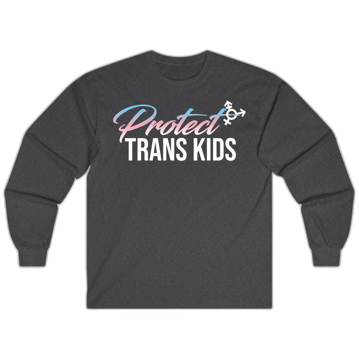 Protect trans kids design with blue-to-pink gradient text, transgender symbol, and bold typography supporting trans youth in Dark Heather