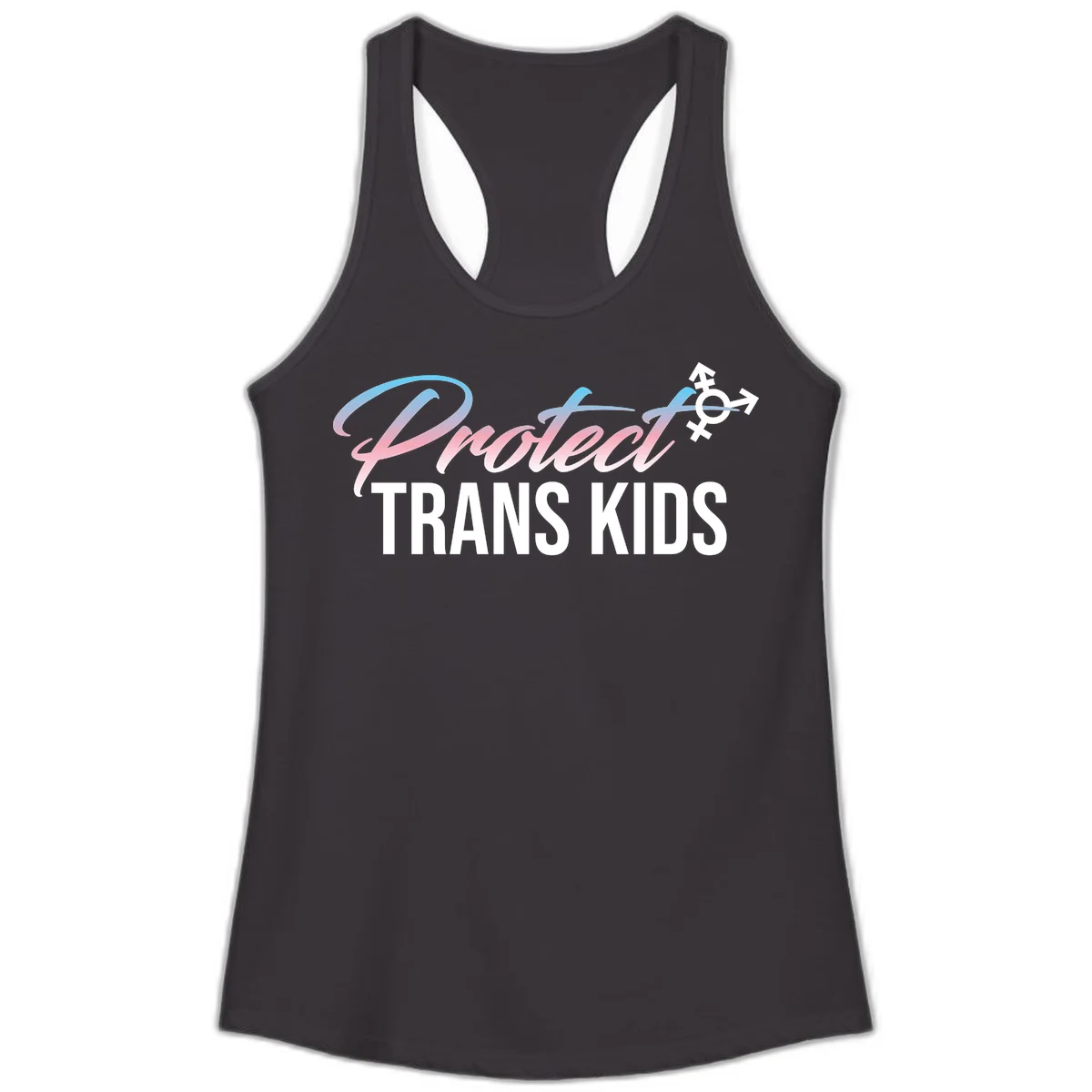 Protect trans kids design with blue-to-pink gradient text, transgender symbol, and bold typography supporting trans youth in Black