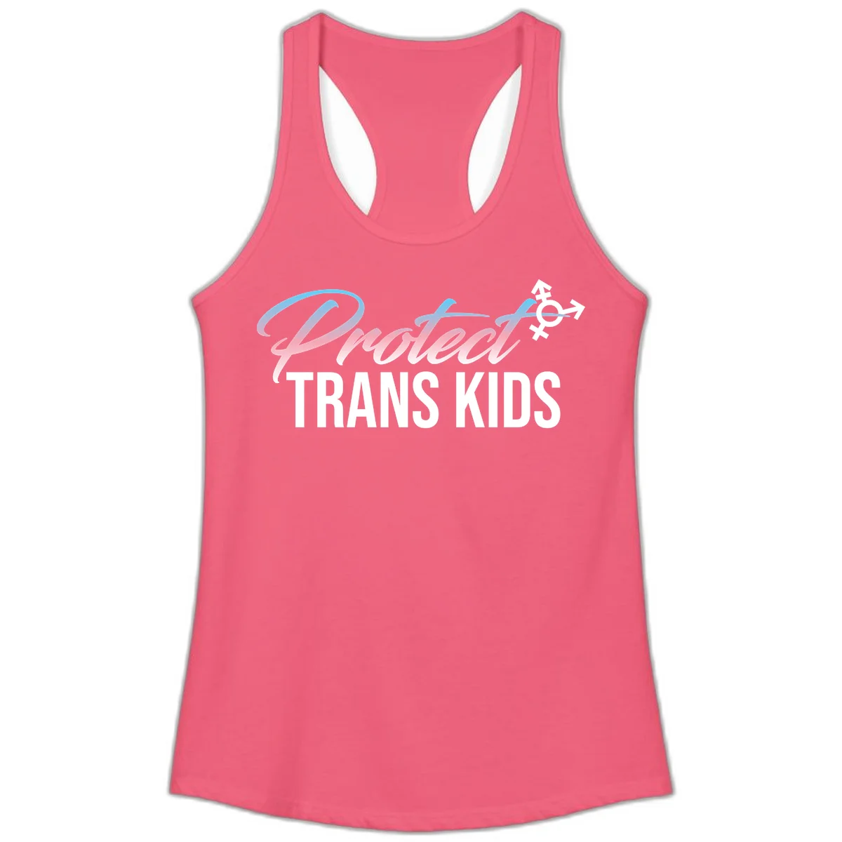 Protect trans kids design with blue-to-pink gradient text, transgender symbol, and bold typography supporting trans youth in Hot Pink