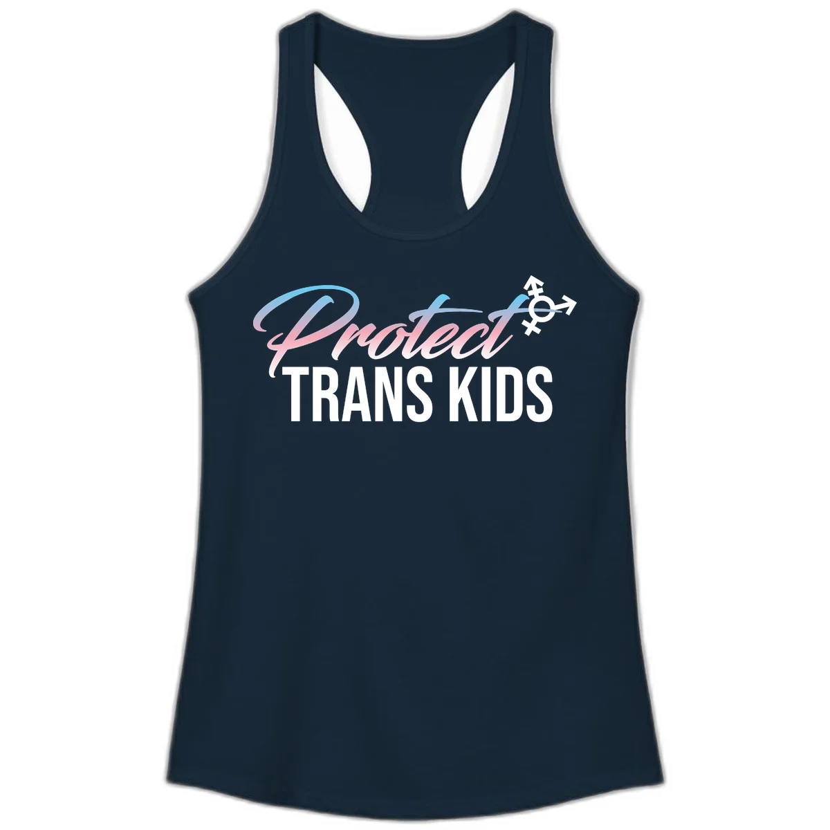Protect trans kids design with blue-to-pink gradient text, transgender symbol, and bold typography supporting trans youth in Solid Midnight Navy