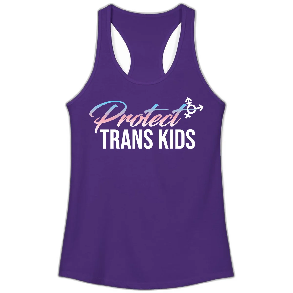 Protect trans kids design with blue-to-pink gradient text, transgender symbol, and bold typography supporting trans youth in Solid Purple Rush