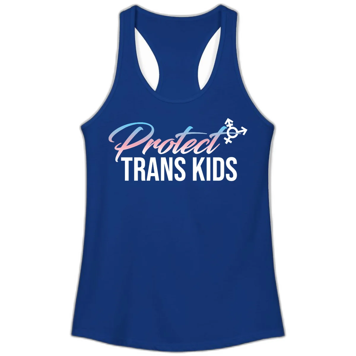 Protect trans kids design with blue-to-pink gradient text, transgender symbol, and bold typography supporting trans youth in Solid Royal