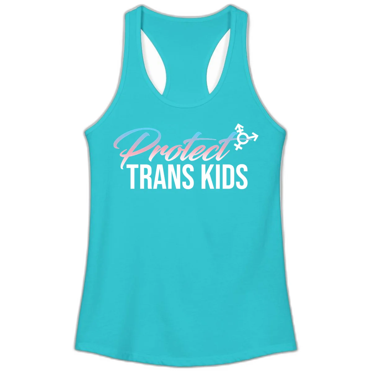 Protect trans kids design with blue-to-pink gradient text, transgender symbol, and bold typography supporting trans youth in Solid Tahiti Blue