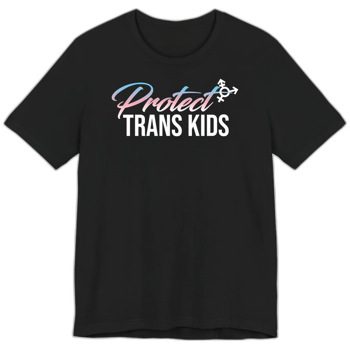 Protect trans kids design with blue-to-pink gradient text, transgender symbol, and bold typography supporting trans youth in Black