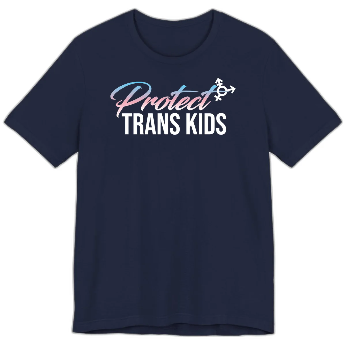Protect trans kids design with blue-to-pink gradient text, transgender symbol, and bold typography supporting trans youth in Navy