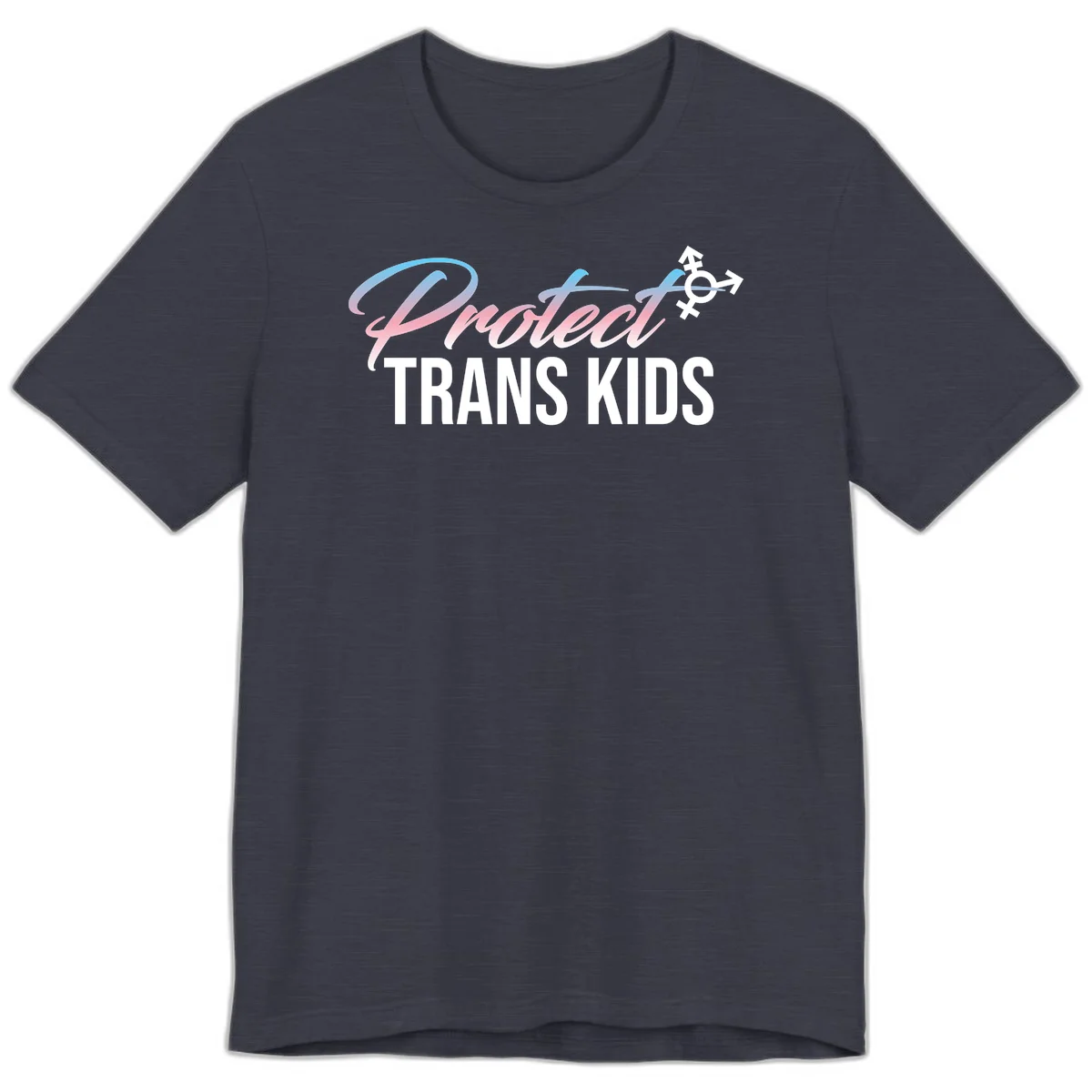Protect trans kids design with blue-to-pink gradient text, transgender symbol, and bold typography supporting trans youth in Heather Midnight Navy