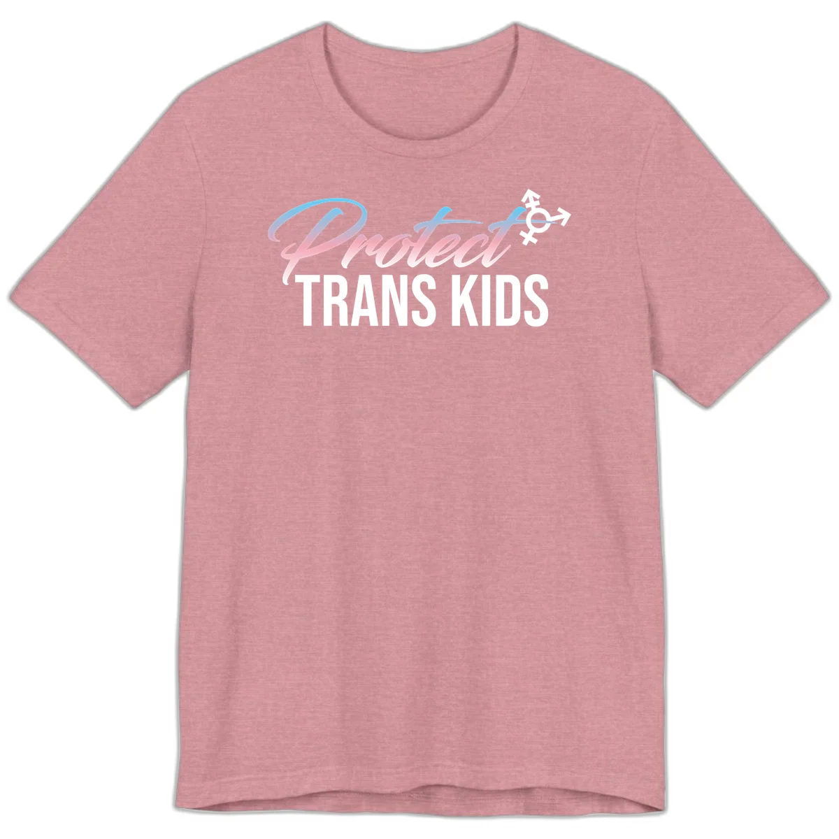 Protect trans kids design with blue-to-pink gradient text, transgender symbol, and bold typography supporting trans youth in Heather Orchid
