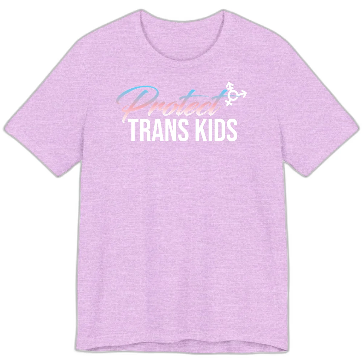 Protect trans kids design with blue-to-pink gradient text, transgender symbol, and bold typography supporting trans youth in Heather Prism Lilac