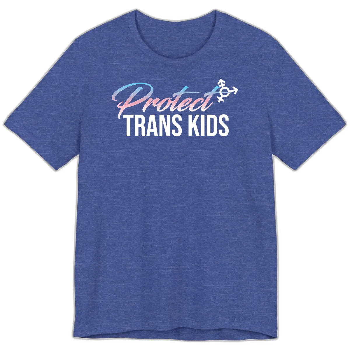 Protect trans kids design with blue-to-pink gradient text, transgender symbol, and bold typography supporting trans youth in Heather True Royal