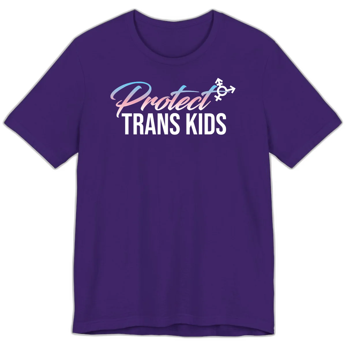 Protect trans kids design with blue-to-pink gradient text, transgender symbol, and bold typography supporting trans youth in Team Purple