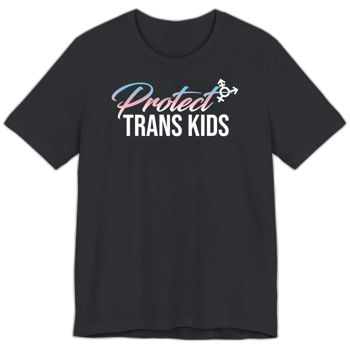 Protect trans kids design with blue-to-pink gradient text, transgender symbol, and bold typography supporting trans youth in Vintage Black