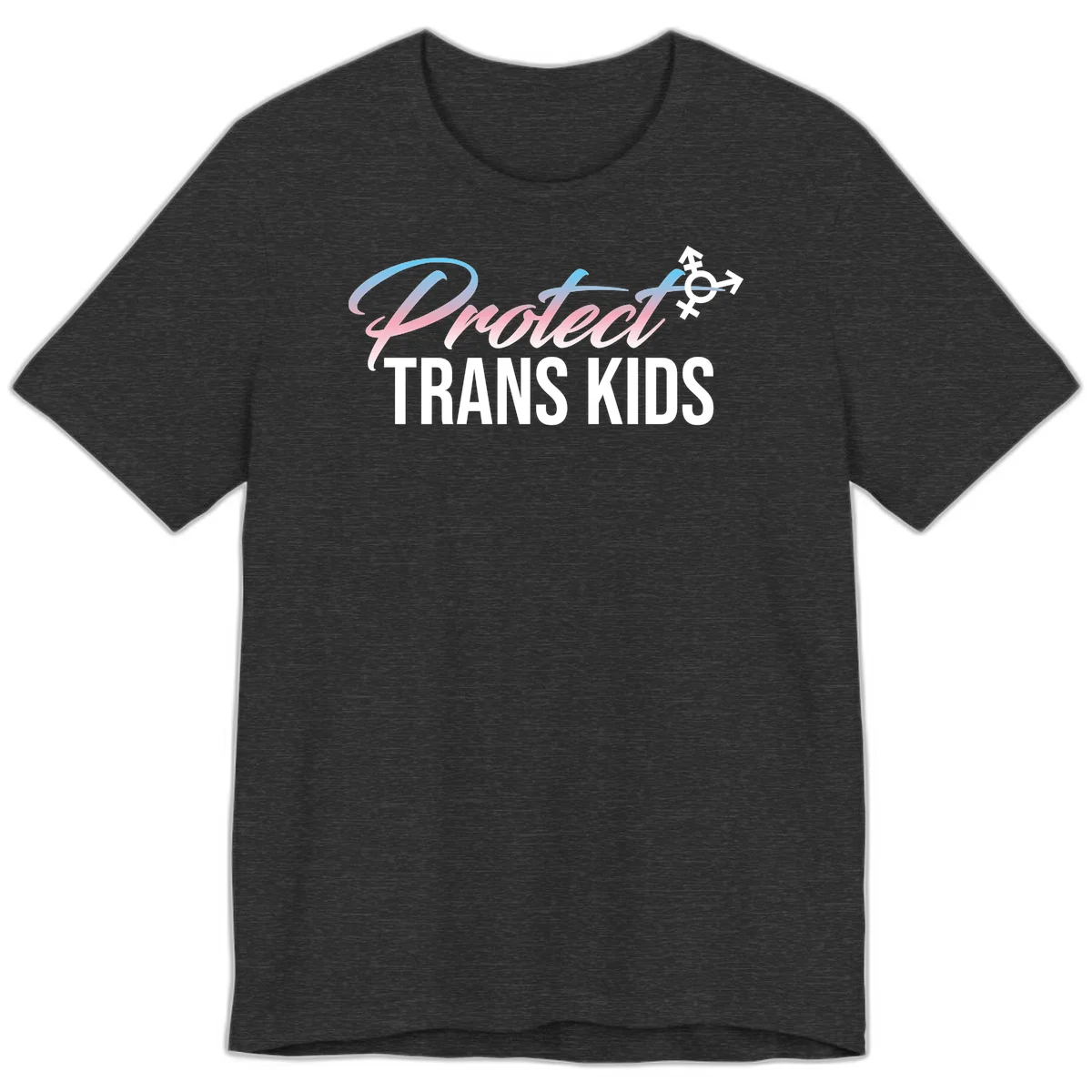 Protect trans kids design with blue-to-pink gradient text, transgender symbol, and bold typography supporting trans youth in Dark Grey Heather