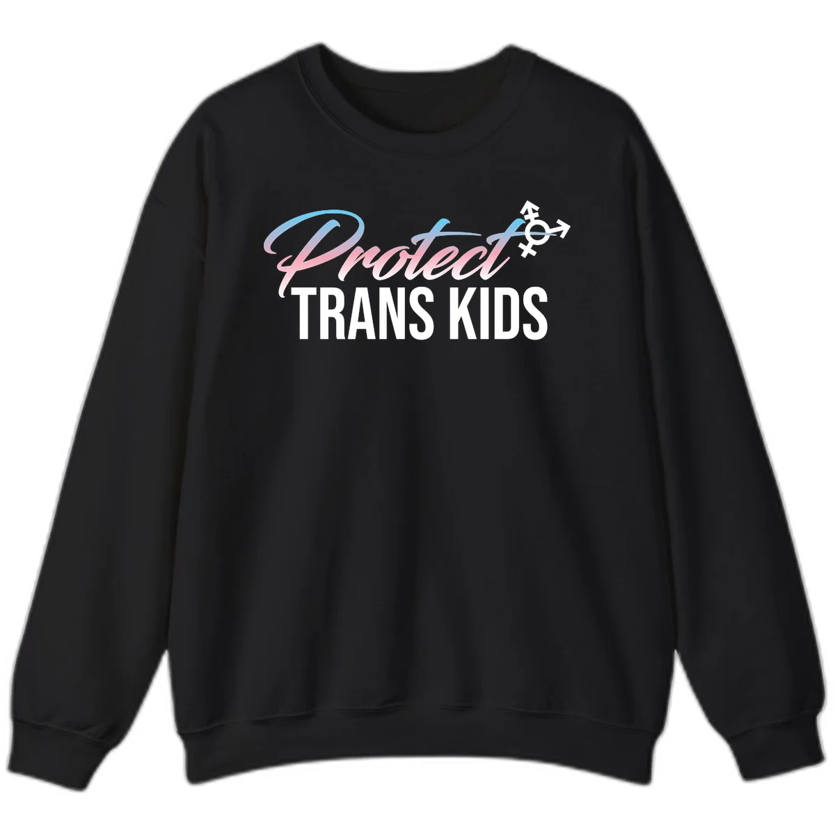 Protect trans kids design with blue-to-pink gradient text, transgender symbol, and bold typography supporting trans youth in Black