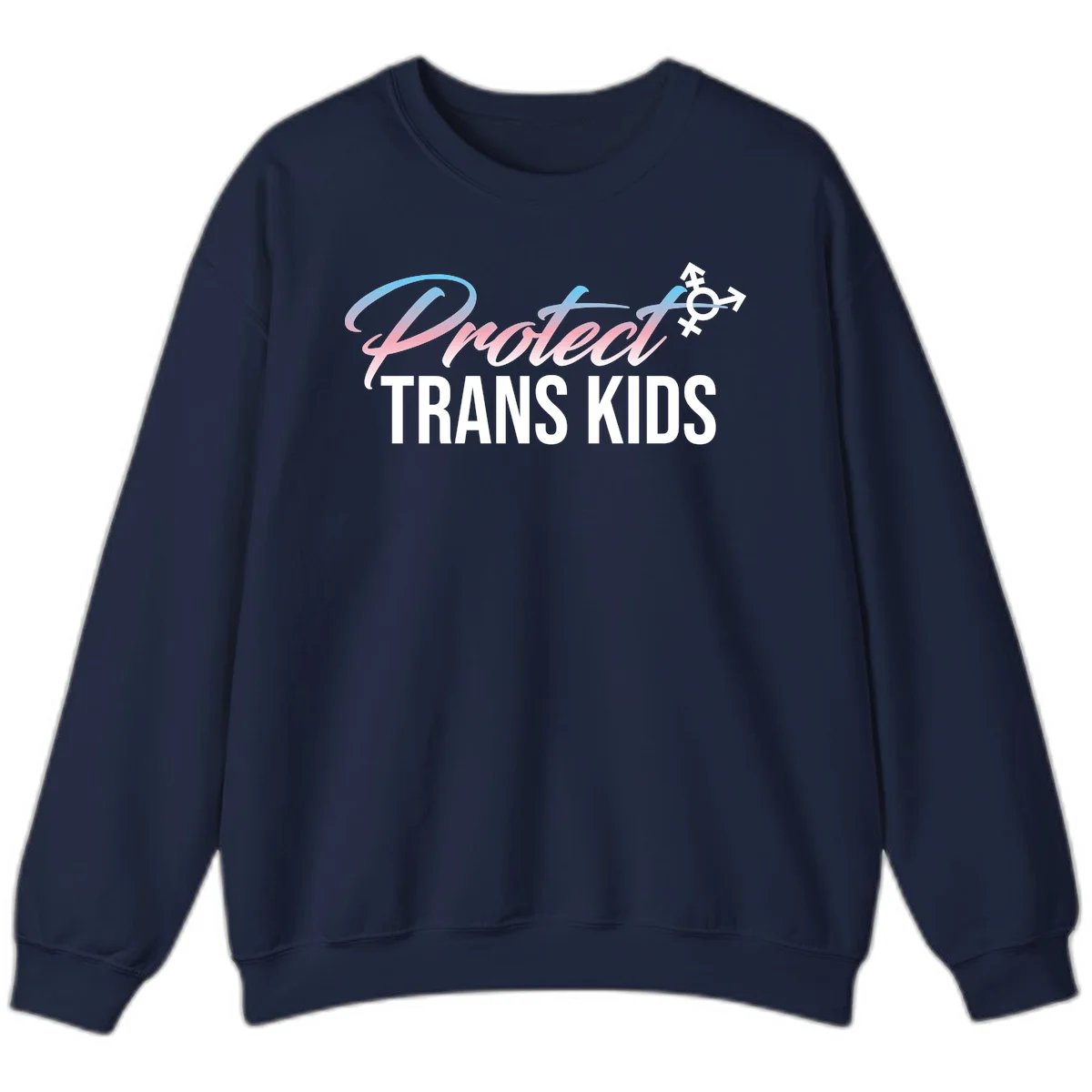 Protect trans kids design with blue-to-pink gradient text, transgender symbol, and bold typography supporting trans youth in Navy