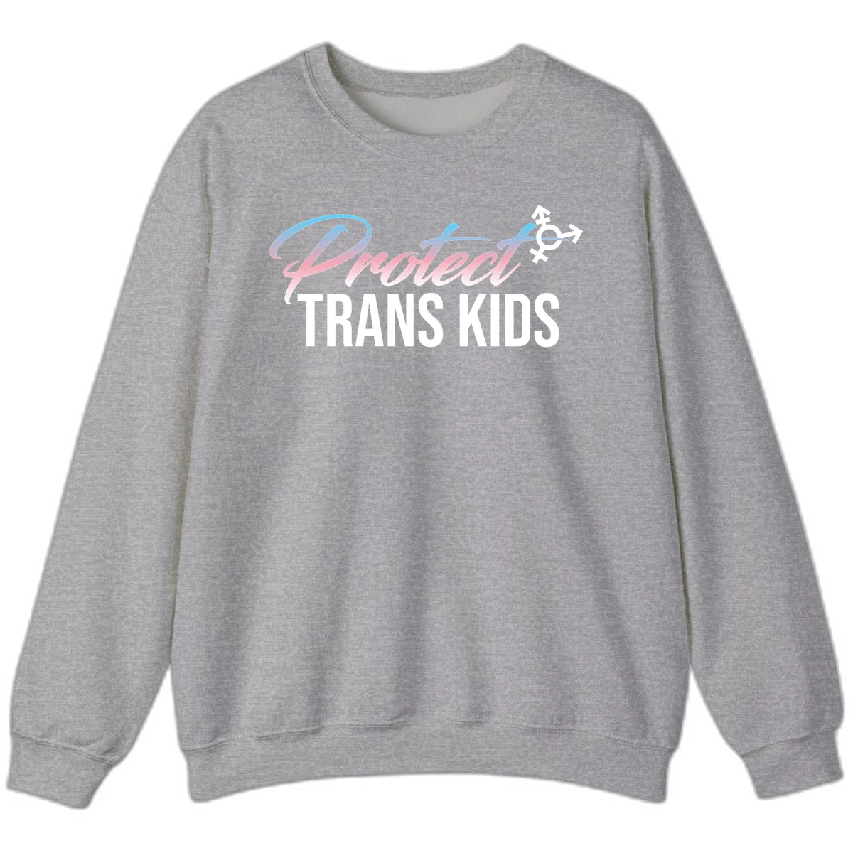 Protect trans kids design with blue-to-pink gradient text, transgender symbol, and bold typography supporting trans youth in Sport Grey