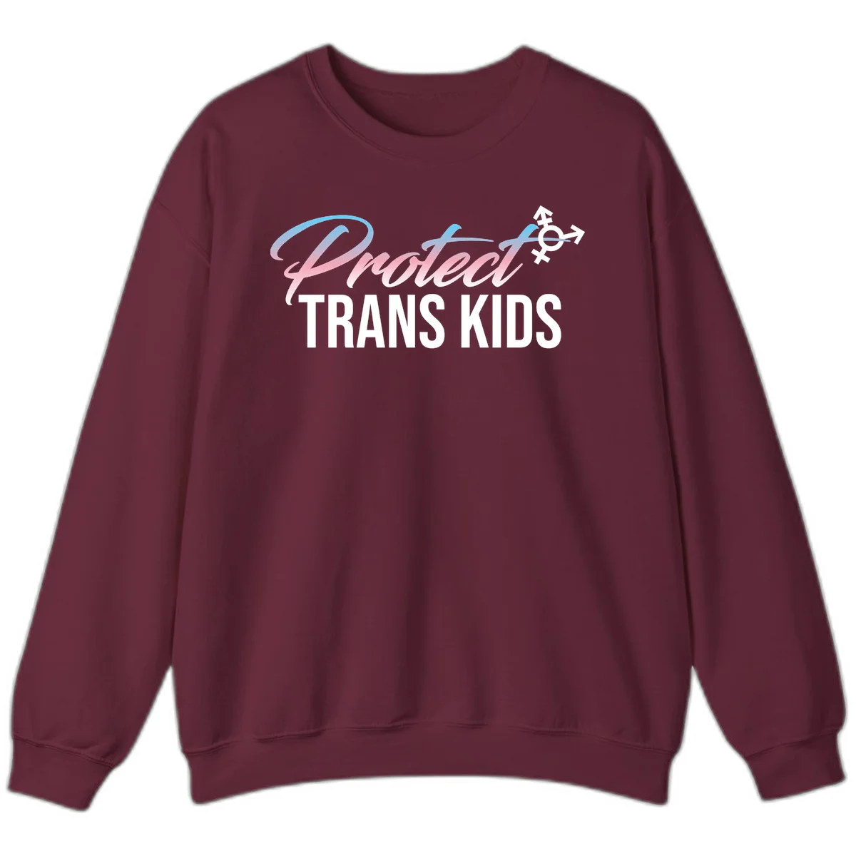 Protect trans kids design with blue-to-pink gradient text, transgender symbol, and bold typography supporting trans youth in Maroon