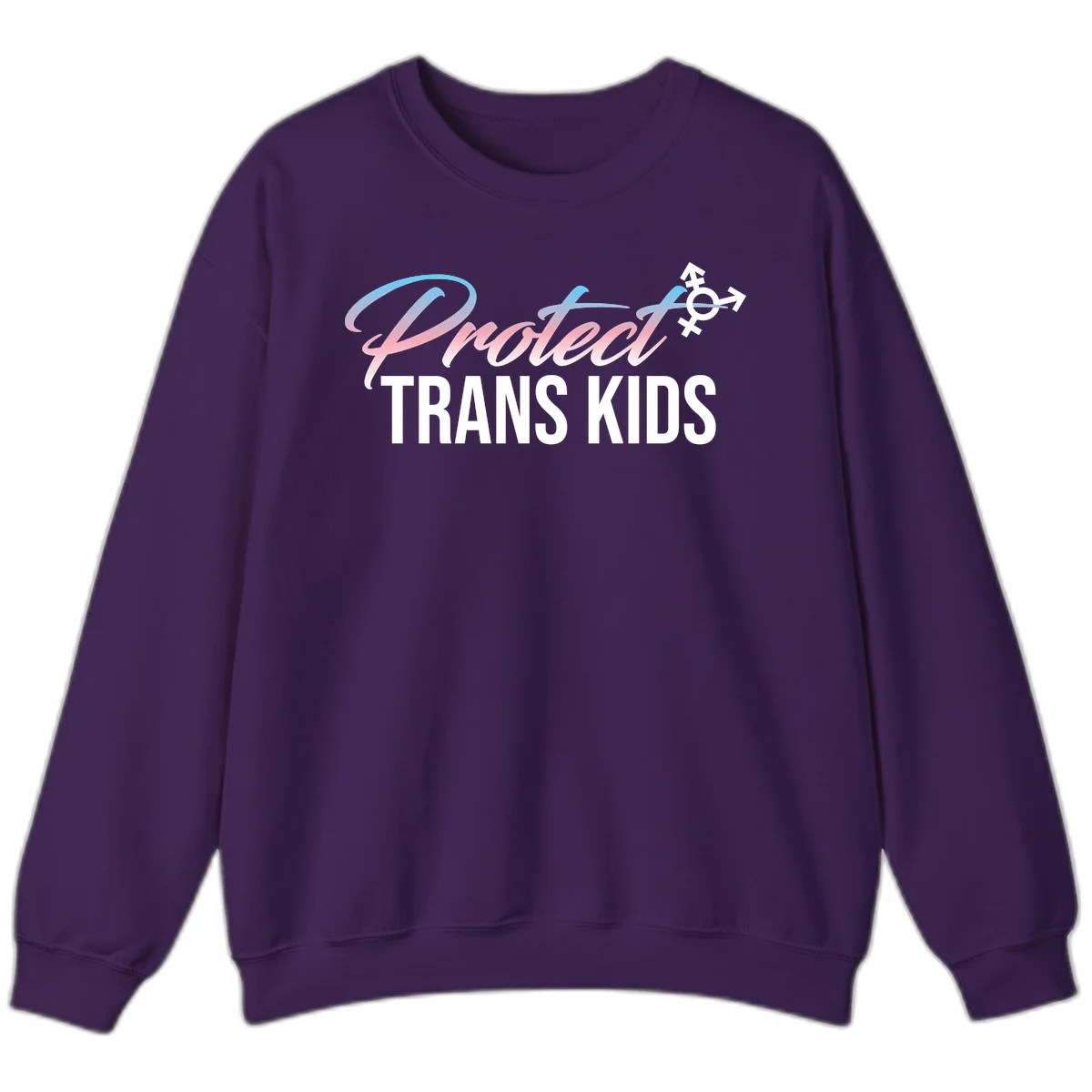 Protect trans kids design with blue-to-pink gradient text, transgender symbol, and bold typography supporting trans youth in Purple