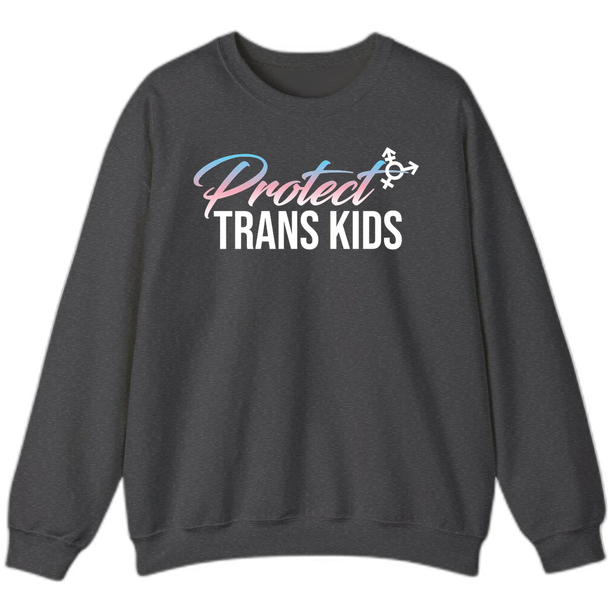 Protect trans kids design with blue-to-pink gradient text, transgender symbol, and bold typography supporting trans youth in Dark Heather