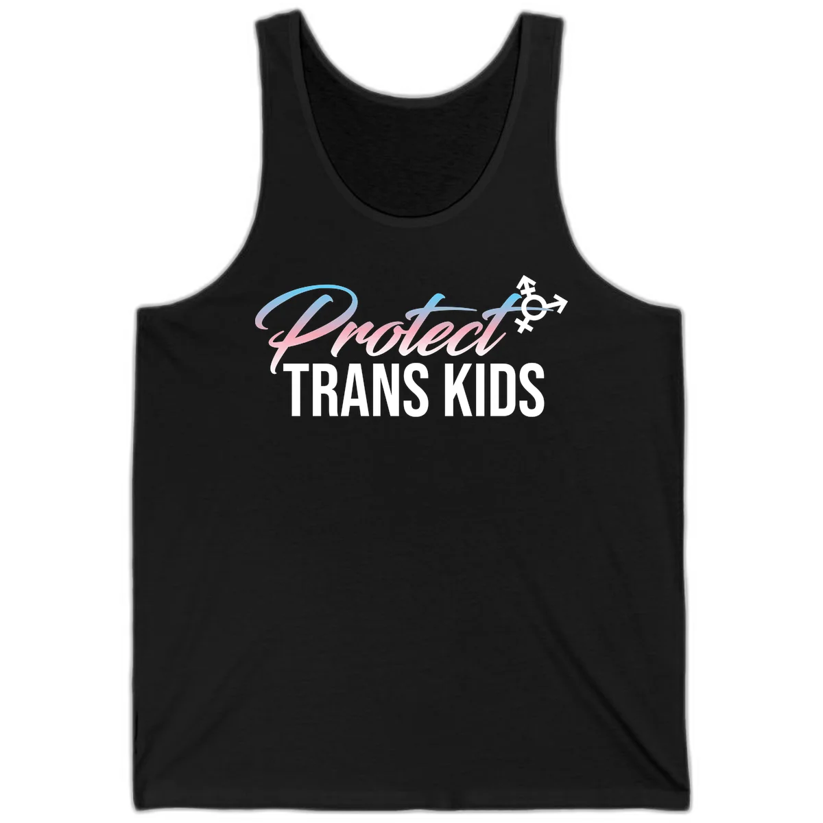 Protect trans kids design with blue-to-pink gradient text, transgender symbol, and bold typography supporting trans youth in Black