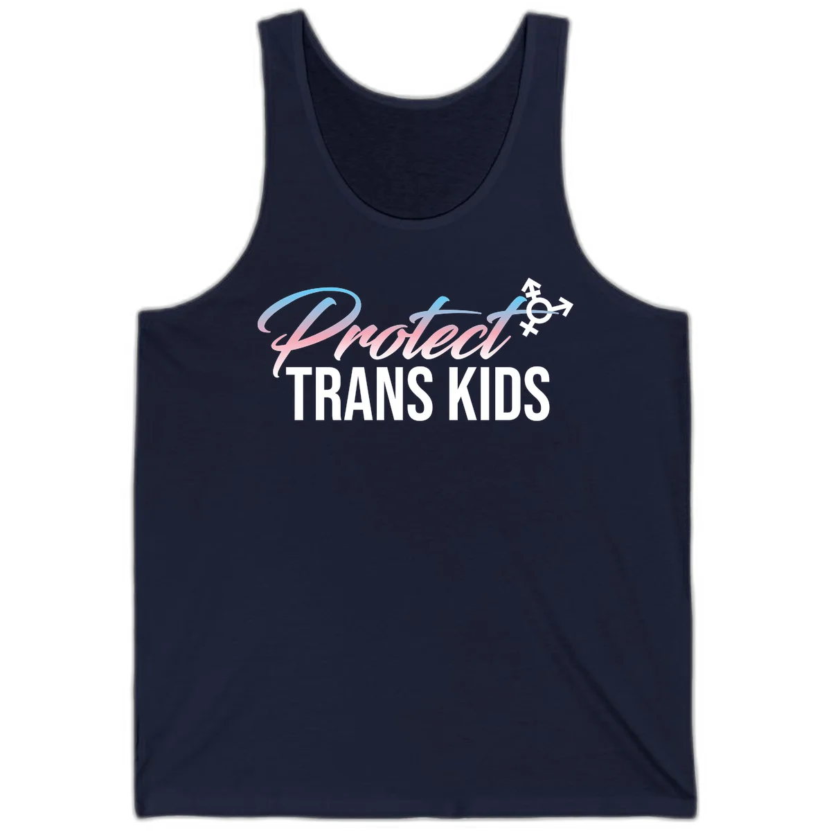 Protect trans kids design with blue-to-pink gradient text, transgender symbol, and bold typography supporting trans youth in Navy