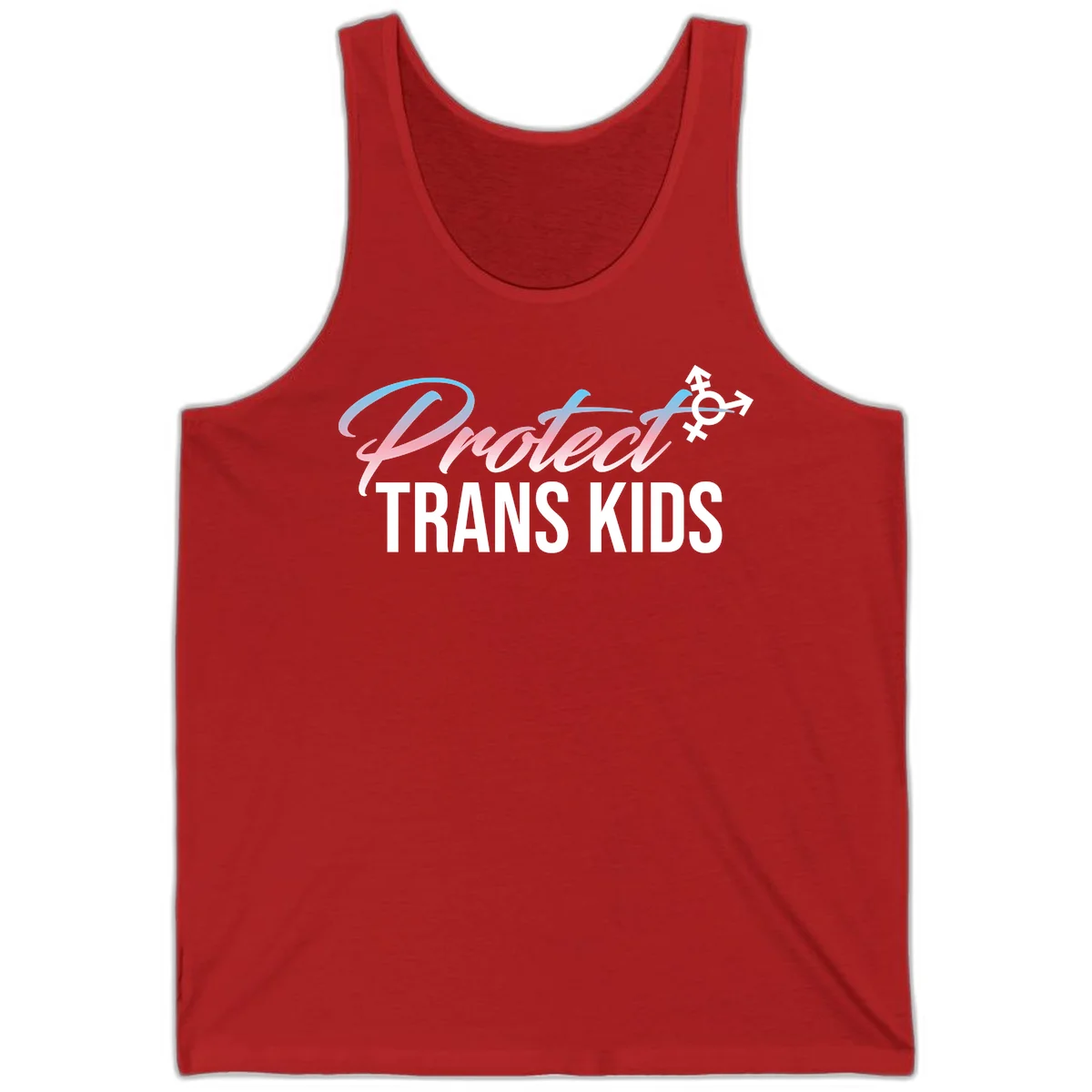 Protect trans kids design with blue-to-pink gradient text, transgender symbol, and bold typography supporting trans youth in Red