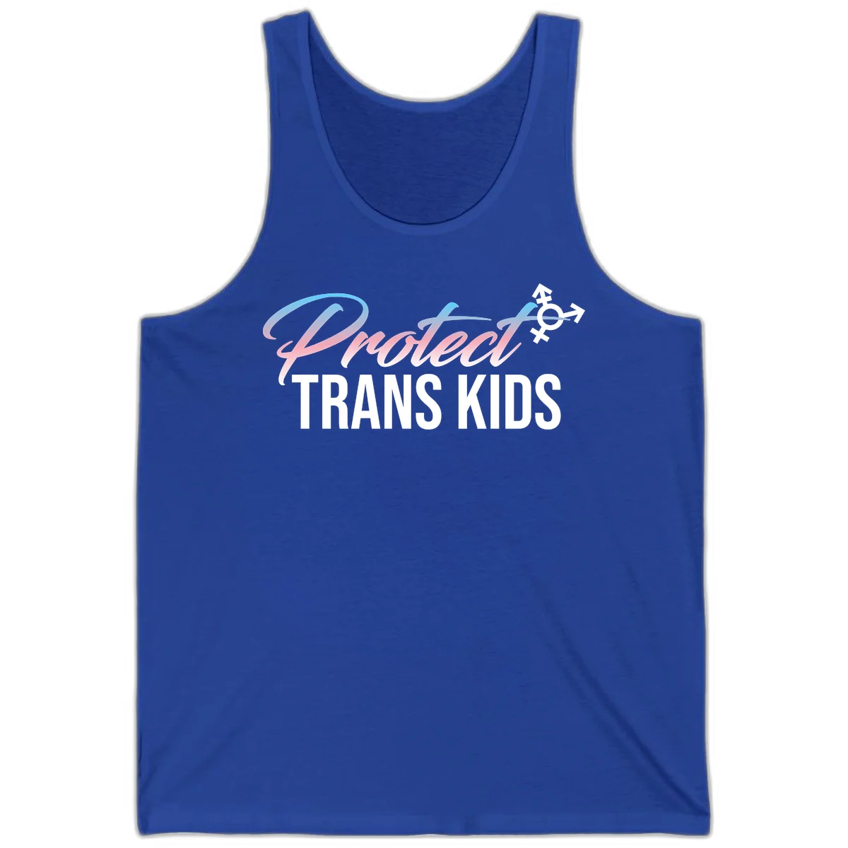 Protect trans kids design with blue-to-pink gradient text, transgender symbol, and bold typography supporting trans youth in True Royal