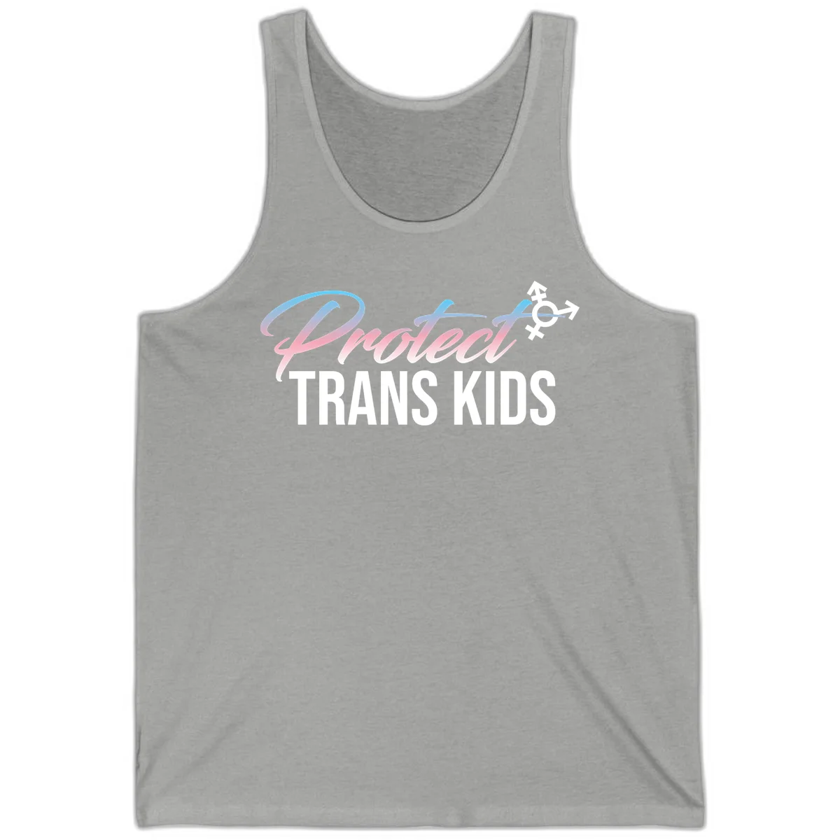 Protect trans kids design with blue-to-pink gradient text, transgender symbol, and bold typography supporting trans youth in Athletic Heather