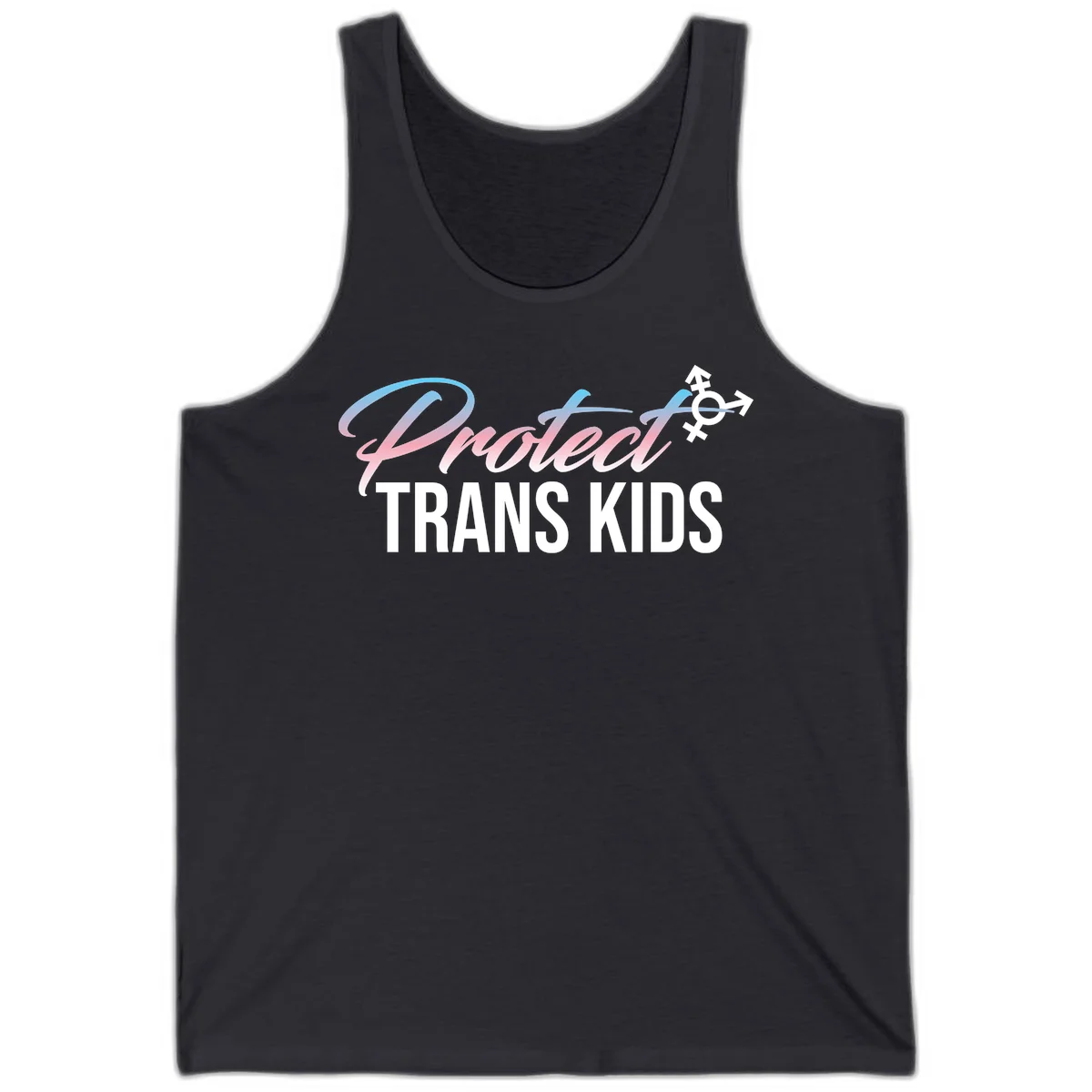 Protect trans kids design with blue-to-pink gradient text, transgender symbol, and bold typography supporting trans youth in Dark Grey