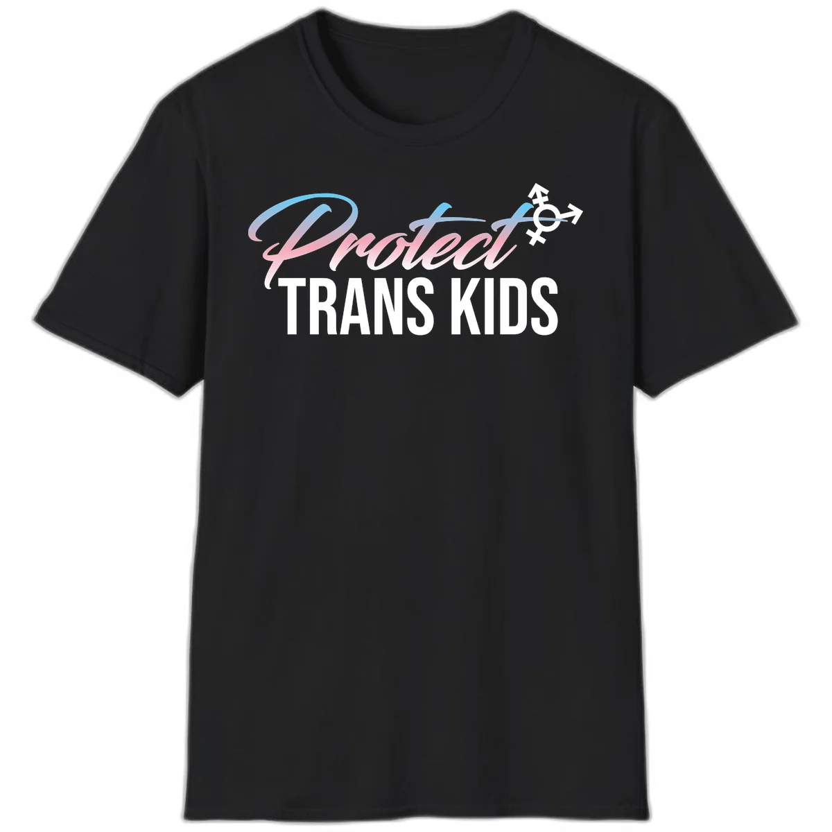 Protect trans kids design with blue-to-pink gradient text, transgender symbol, and bold typography supporting trans youth in Black
