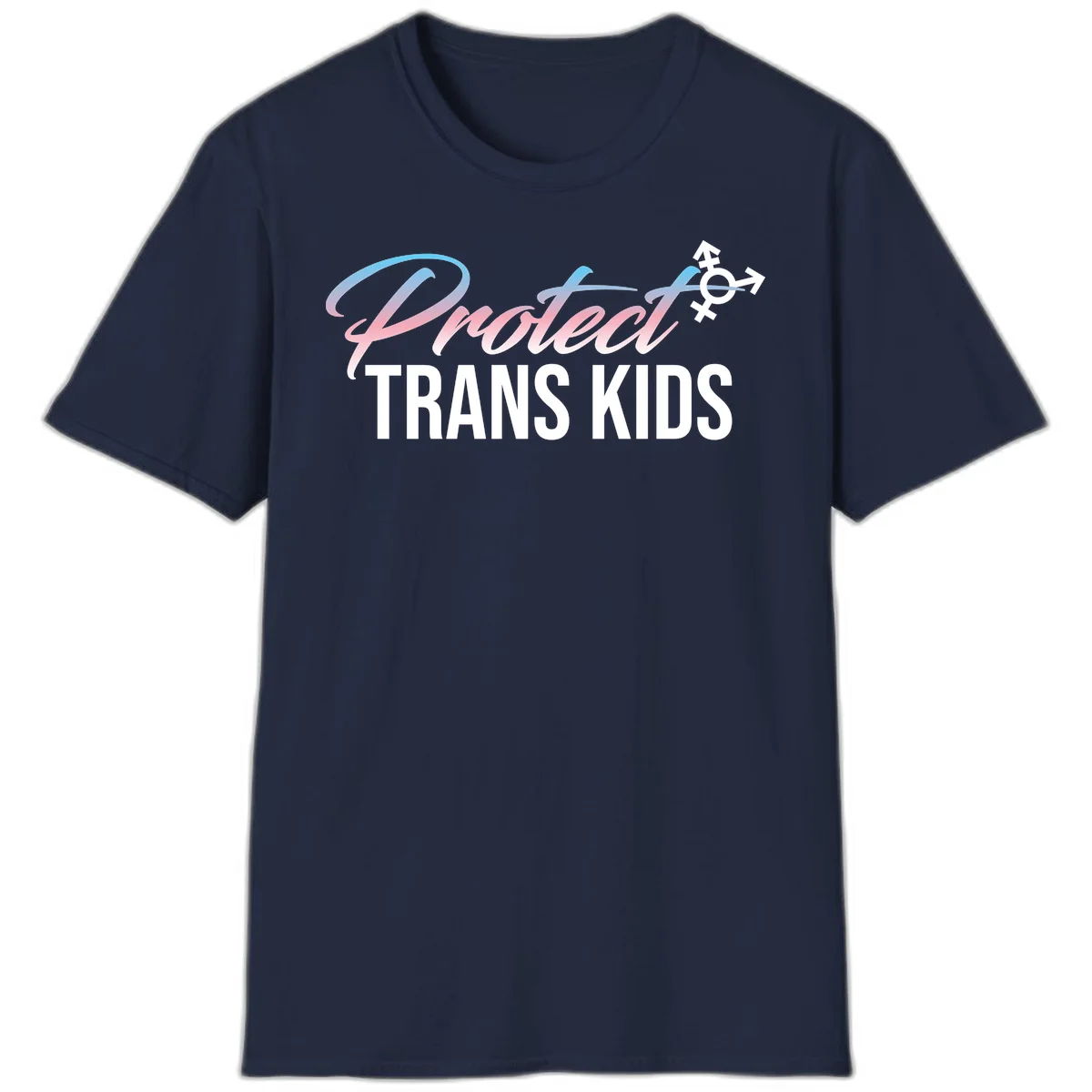 Protect trans kids design with blue-to-pink gradient text, transgender symbol, and bold typography supporting trans youth in Navy