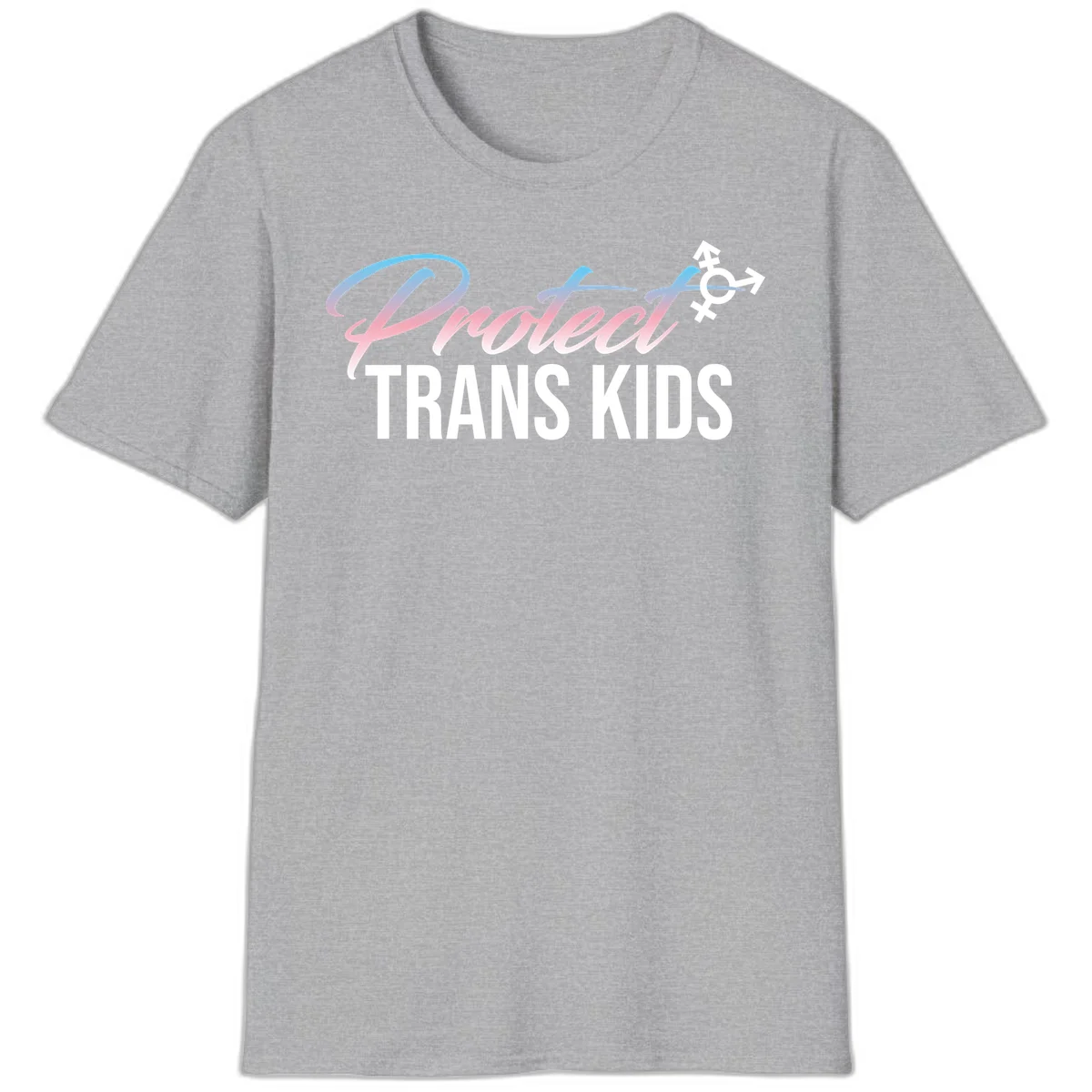 Protect trans kids design with blue-to-pink gradient text, transgender symbol, and bold typography supporting trans youth in Sport Grey
