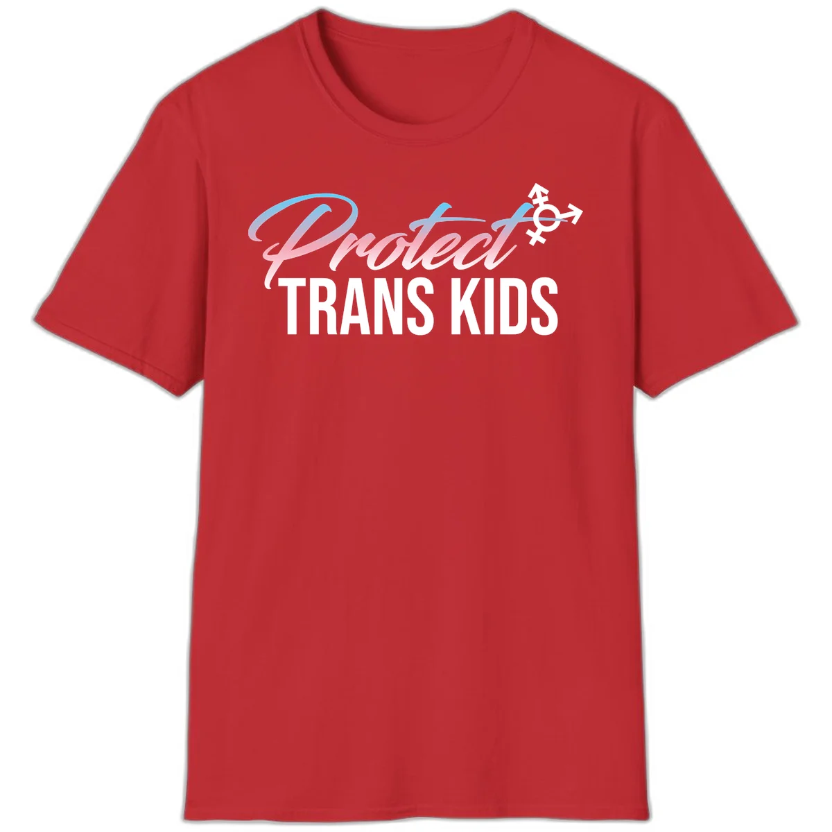 Protect trans kids design with blue-to-pink gradient text, transgender symbol, and bold typography supporting trans youth in Red