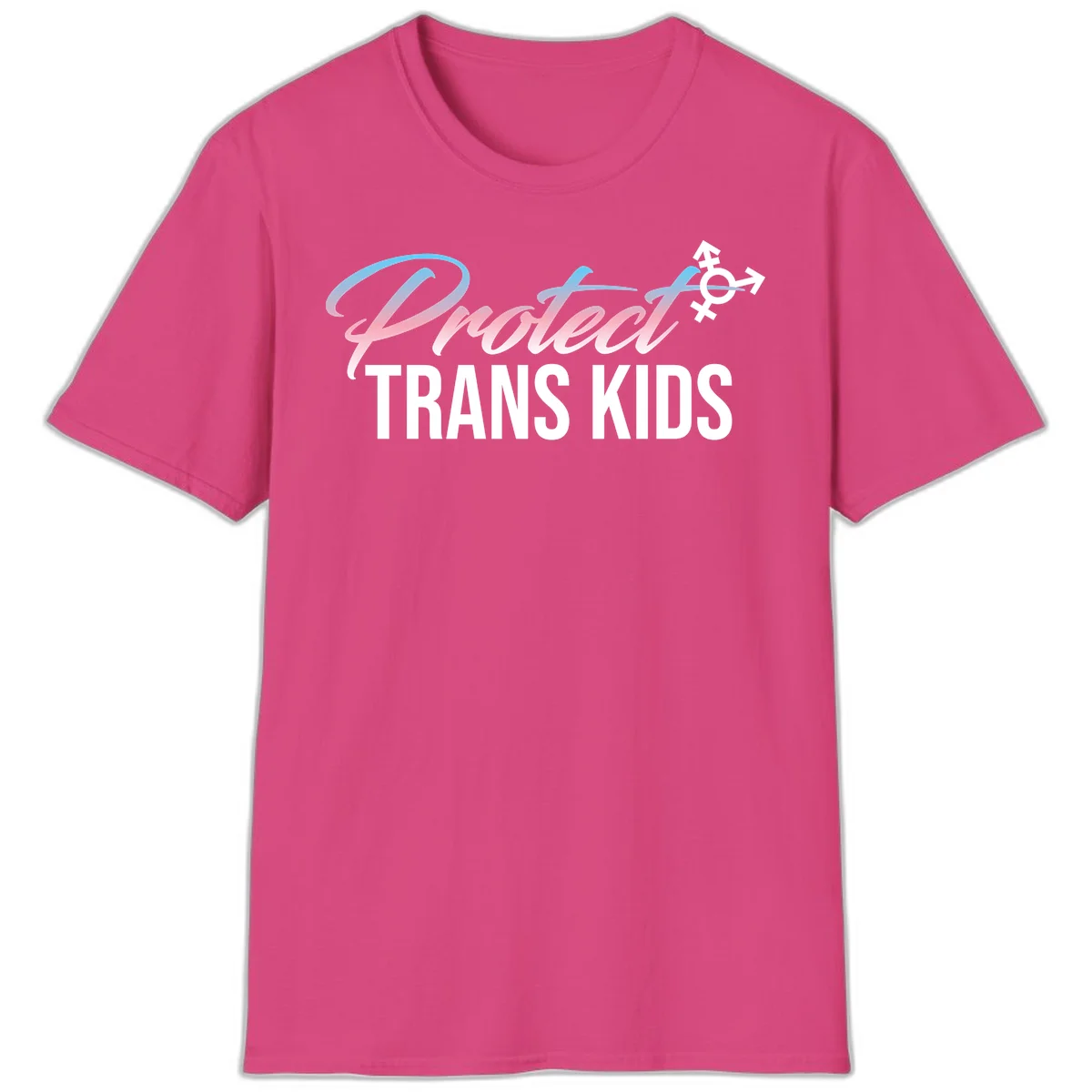 Protect trans kids design with blue-to-pink gradient text, transgender symbol, and bold typography supporting trans youth in Heliconia
