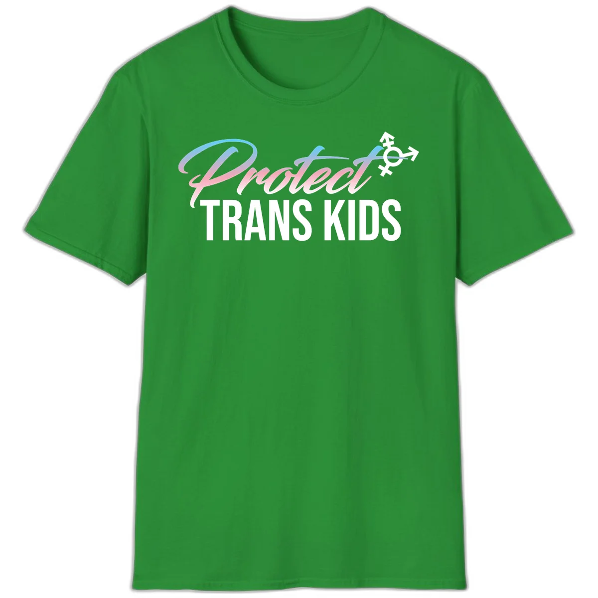 Protect trans kids design with blue-to-pink gradient text, transgender symbol, and bold typography supporting trans youth in Irish Green
